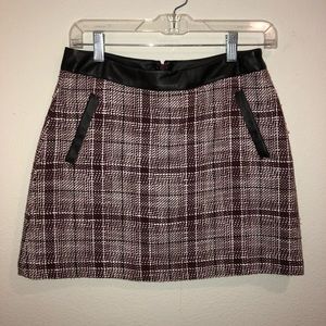 Leather trimmed red tweed skirt
